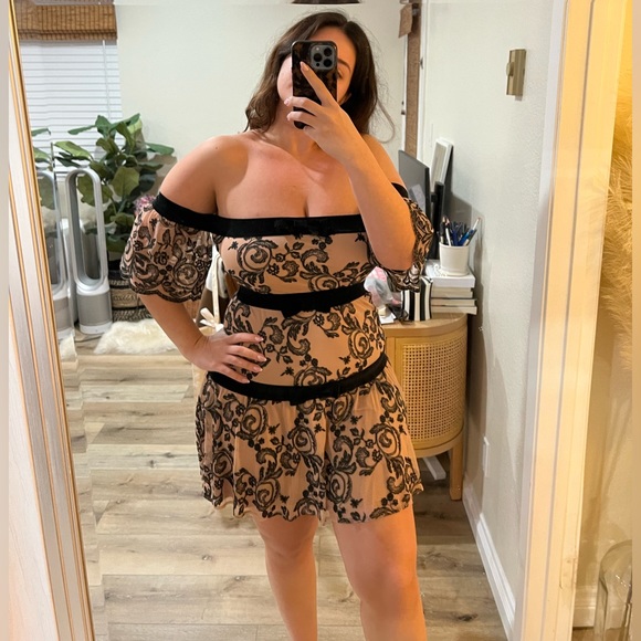 For Love & Lemons Clemece off-shoulder nude tulle mini dress - Picture 2 of 10